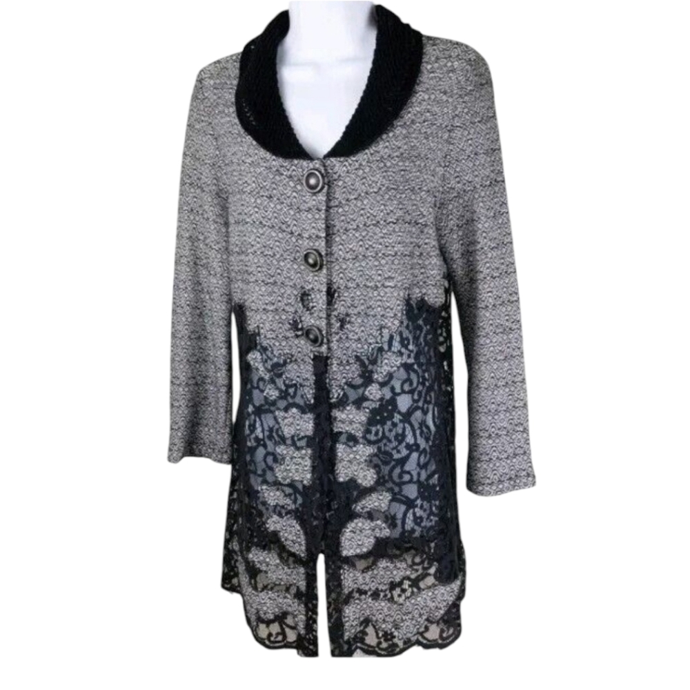 Nic + Zoe Knit Lace Cardigan Blazer M Black Gray Textured Jacket Workwear Soft